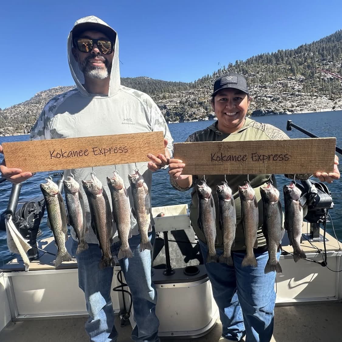 Guide Joon Nguyen of Reel Time Guide Services with his guests following a successful Saturday trip to Wishon Reservoir. The group landed 50 trout, keeping two limits and releasing the remaining 40 fish.